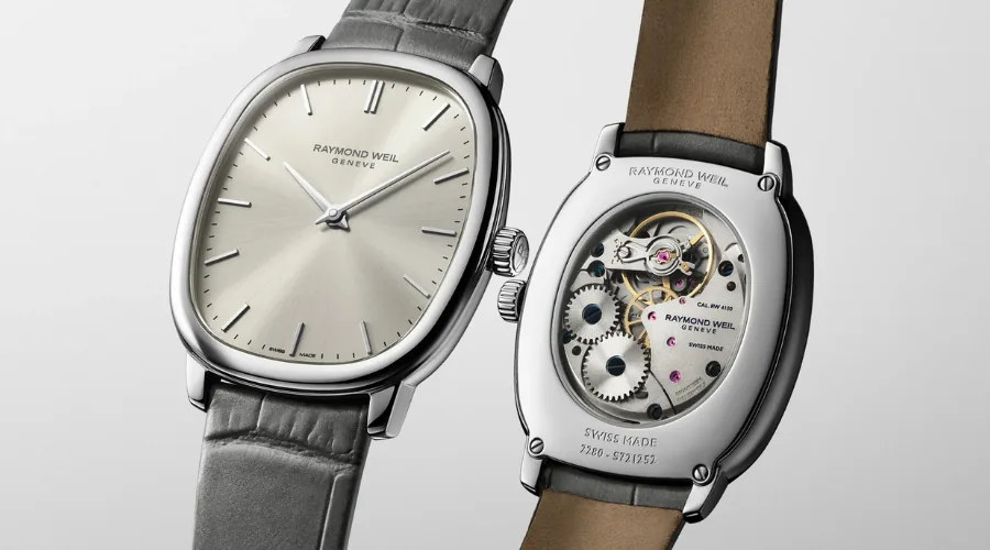 Classic Swiss dress watch with restrained dial design and exhibition caseback, illustrating timeless wedding watch proportions