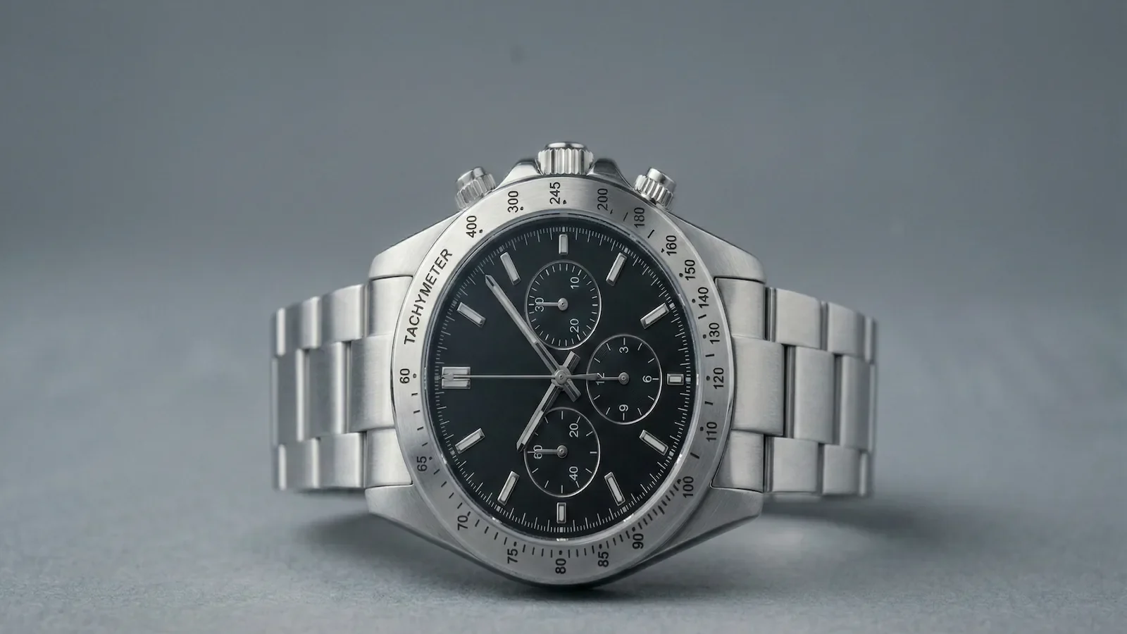 Professional chronograph with black dial and tachymeter bezel on steel bracelet