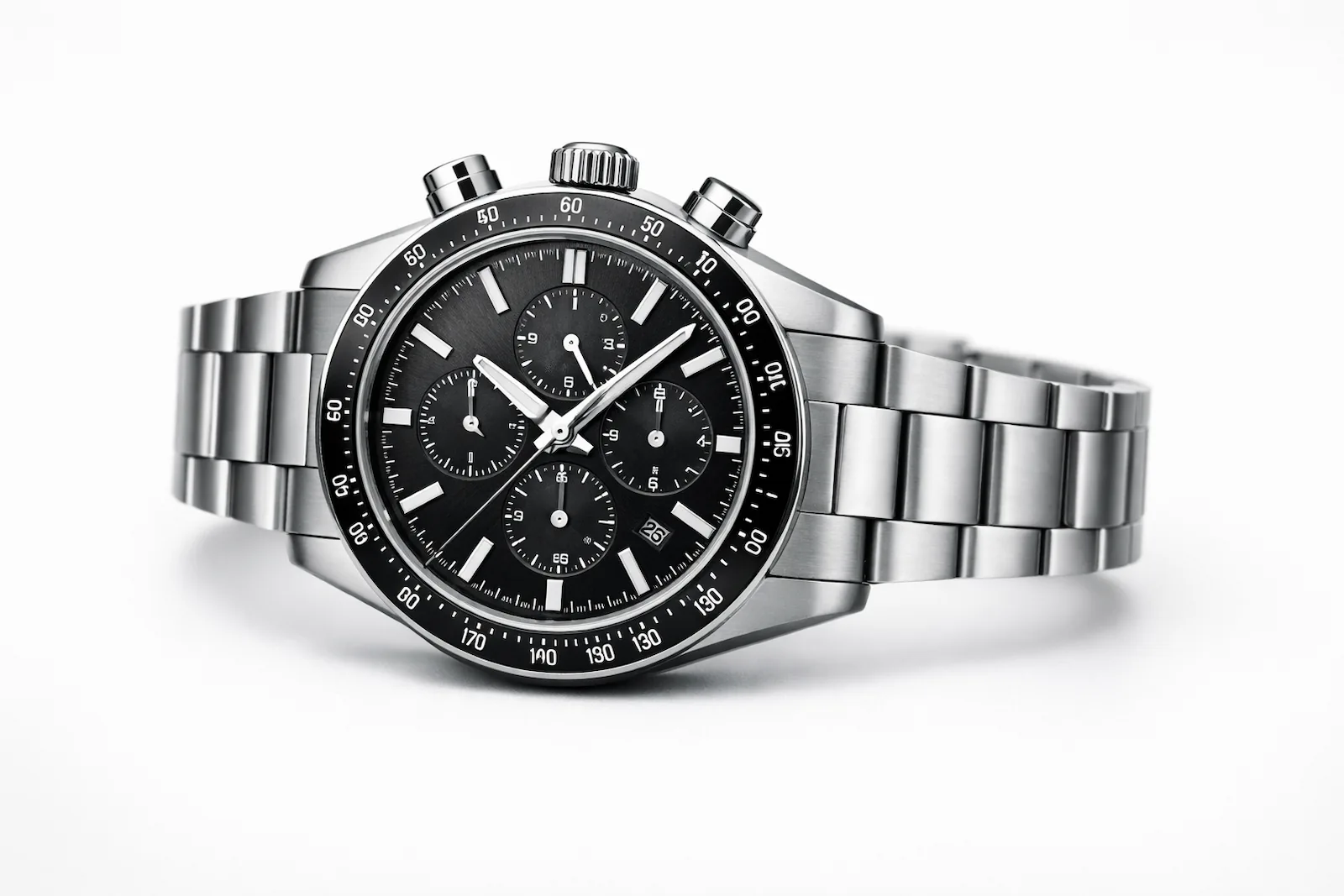 Stainless steel professional chronograph with black dial and balanced sub-dial architecture