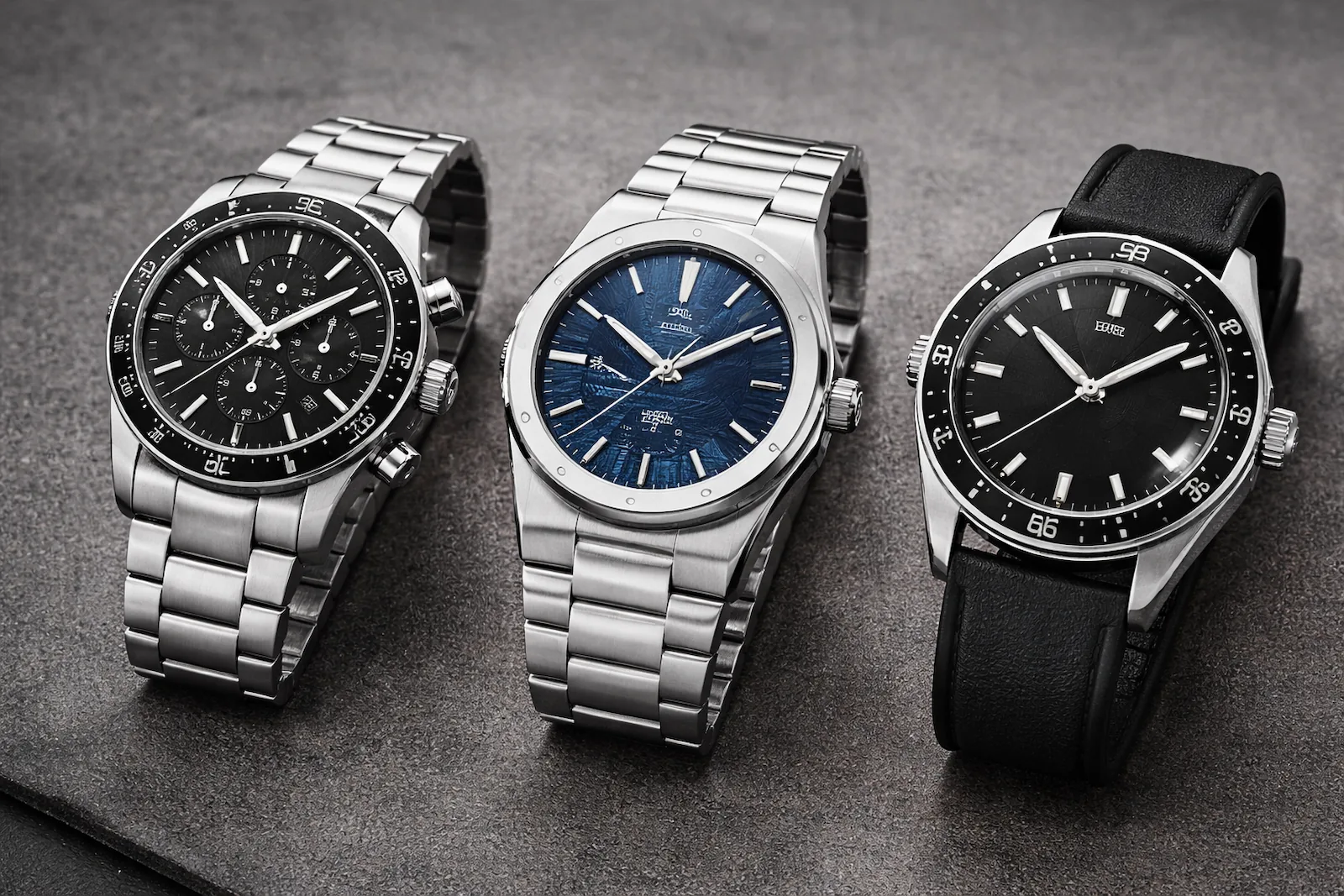 Chronograph, integrated steel sports watch, and heritage dive watch arranged as diversified collector allocation